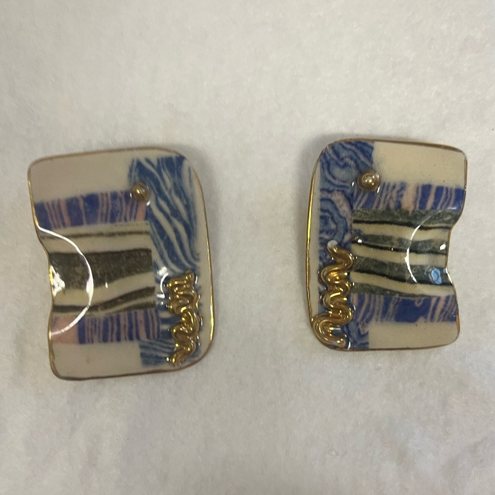 Abstract Blue and Gold Pierced Earrings
